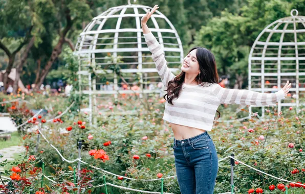 Girl, pose, smile, jeans, Asian, sweater