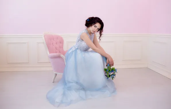 Girl, flowers, dress, brunette, hairstyle, beauty, sitting, in the chair
