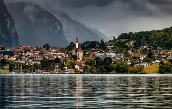 Picture clouds, landscape, mountains, the city, lake, home