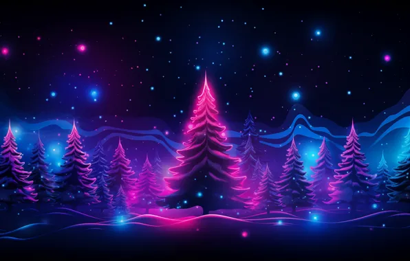 Winter, forest, snow, night, lights, darkness, lights, the dark background