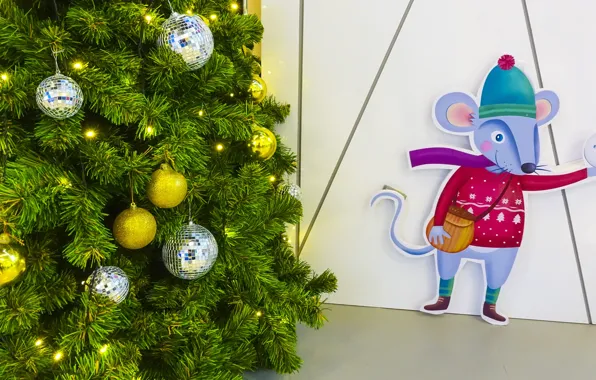 Balls, branches, toys, mouse, mouse, silhouette, New year, tree
