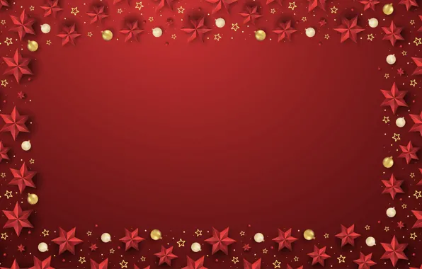 Stars, balls, texture, Christmas, New year, red background, Christmas decorations, clean space