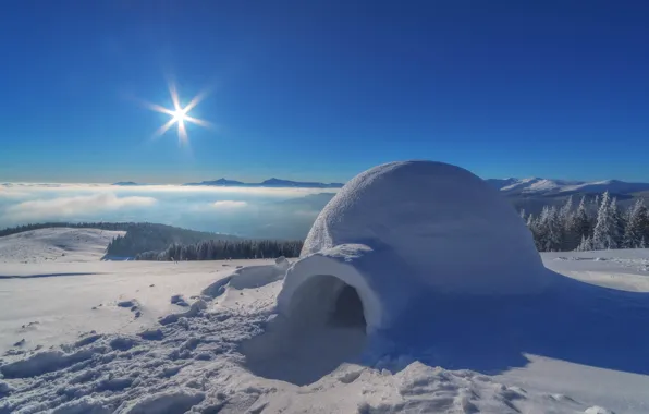 The sky, the sun, landscape, mountains, house, snow, blur, needle