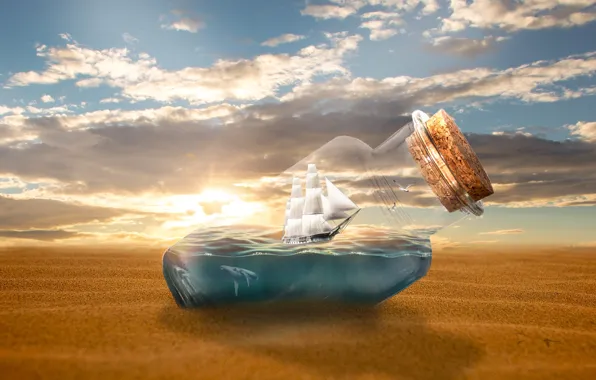 Sand, sea, the sky, glass, the sun, clouds, light, rendering
