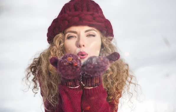 Winter, girl, hat, hair, makeup, scarf, curls, curls