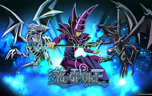Picture red eyed dragon, blue eyed dragob, Dark Magician, Yugioh