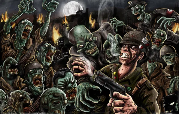 Gun, fire, the moon, soldiers, zombies, zombies, the living dead, cigarette