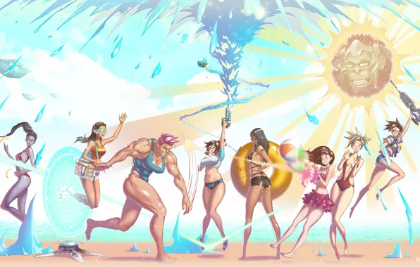 Picture beach, swimsuit, summer, water, girls, Mei, Overwatch, Tracer