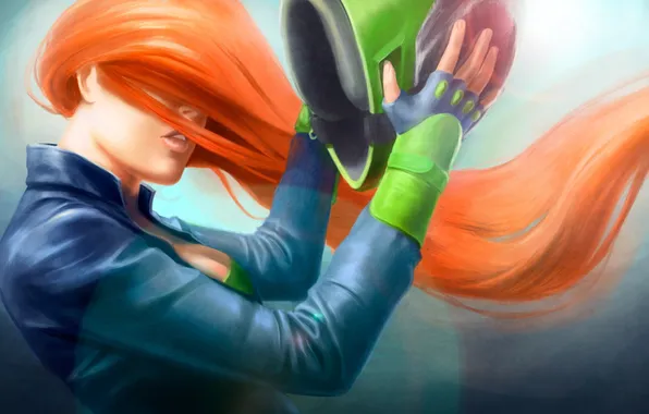 Girl, background, hair, art, helmet, profile, red