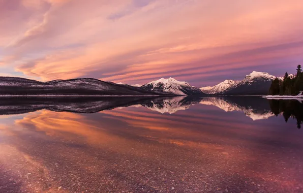 Snow, sunset, mountains, nature, lake, reflection