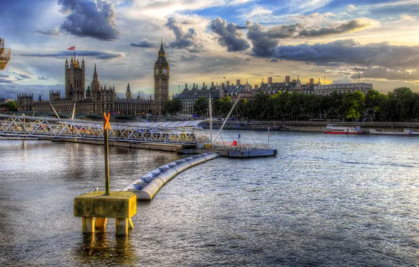 The sky, clouds, trees, river, London, hdr, Thames, Parliament