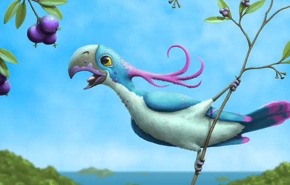 Branches, berries, mood, bird, art