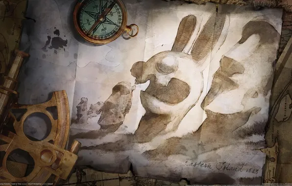 Picture map, rabbits, Easter island, blots, compass, ink, the wheel, map