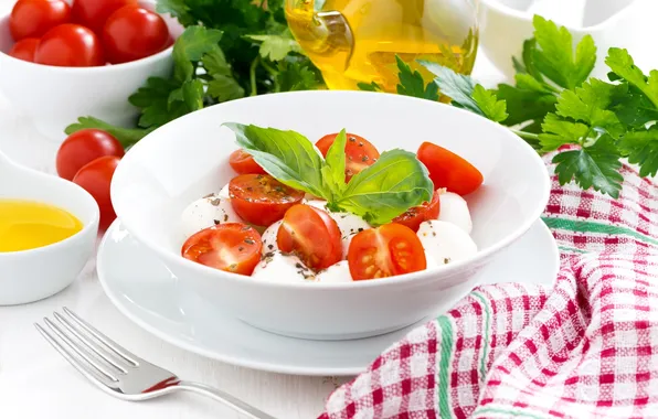 Tomatoes, salad, Basil, mozzarella