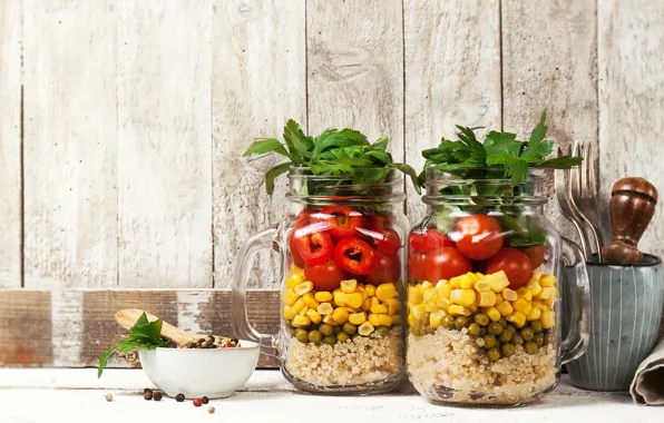 Corn, banks, tomatoes, billet, green peas