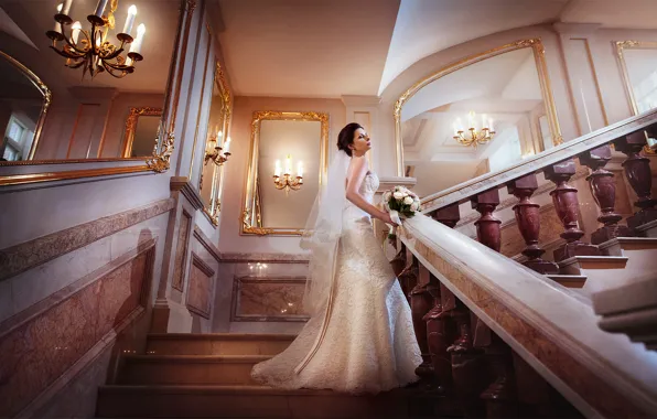Picture the bride, brunette, dress, ladder, bouquet