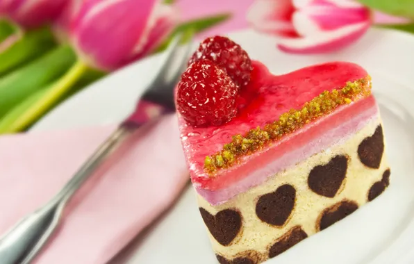 Picture love, flowers, raspberry, holiday, food, heart, tulips, cake