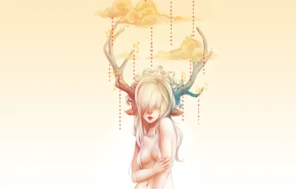 Trees, text, Girl, horns, words