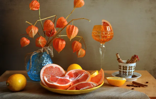 Lemon, glass, orange, physalis