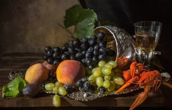Glass, grapes, fruit, still life, peaches, tray, cancers