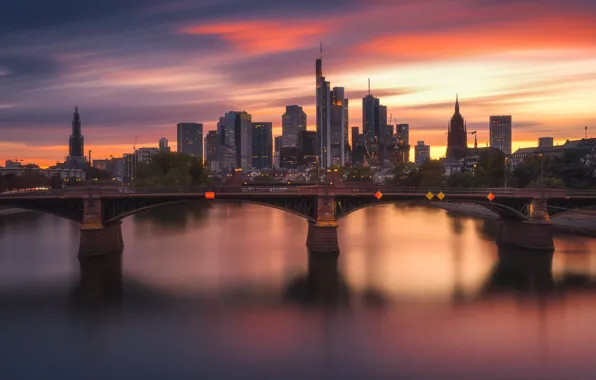 The sky, clouds, sunset, bridge, the city, lights, shore, building