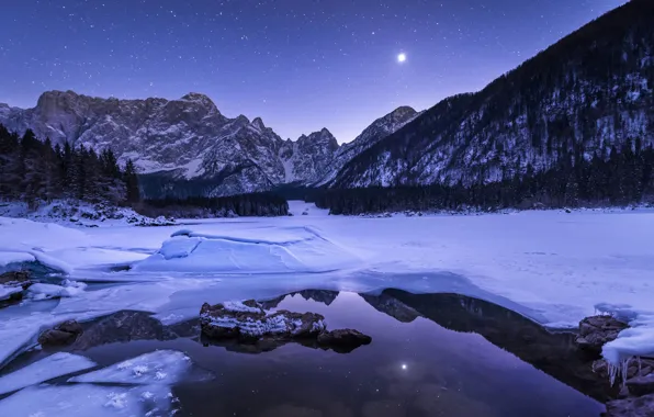 Picture winter, the sky, stars, snow, mountains, night, lake, the moon