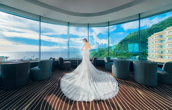 Picture girl, view, Windows, dress, panorama, the hotel