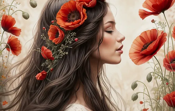 Girl, flowers, Maki, red, profile, wreath, closed eyes, AI art