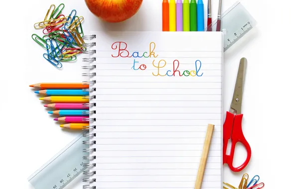 Apple, pencils, Notepad, school, scissors, the office