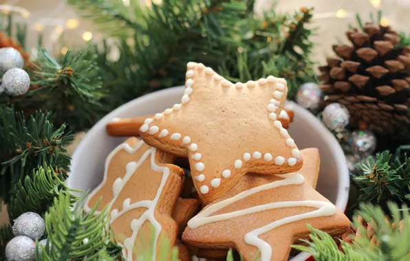 Winter, holiday, cookies, Christmas, New year, needles, stars, bokeh