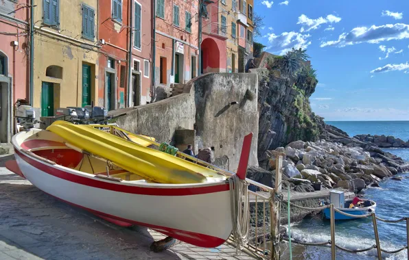 Sea, boat, home, Bay, Italy, Riomaggiore, Cinque Terre