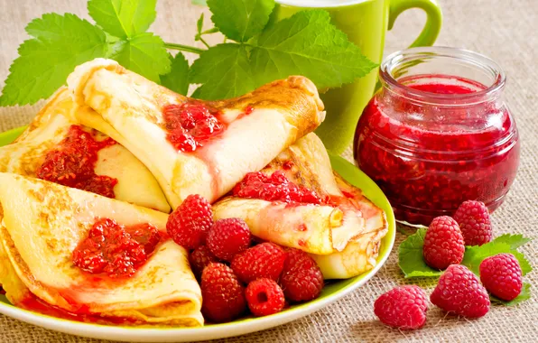 Picture berries, raspberry, pancakes, dessert, jam, pancakes