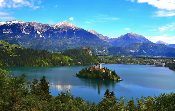 Trees, mountains, lake, island, home, Church, Slovenia, Bled