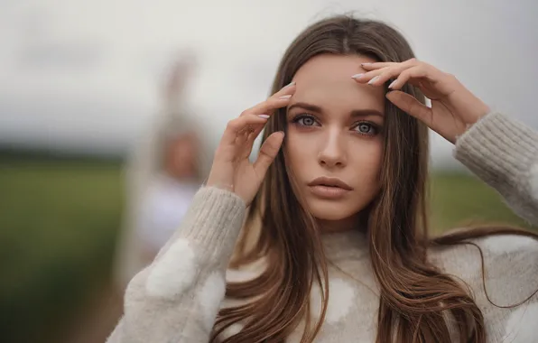 Picture look, girl, face, pose, portrait, hands, long hair, Denis Lytkin