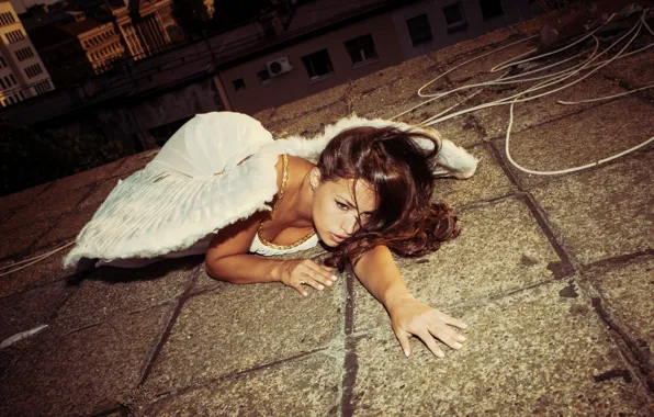 Roof, girl, model, building, hand, wings, angel, white dress