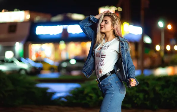 Girl, the city, pose, street, jeans, the evening, lighting, jacket