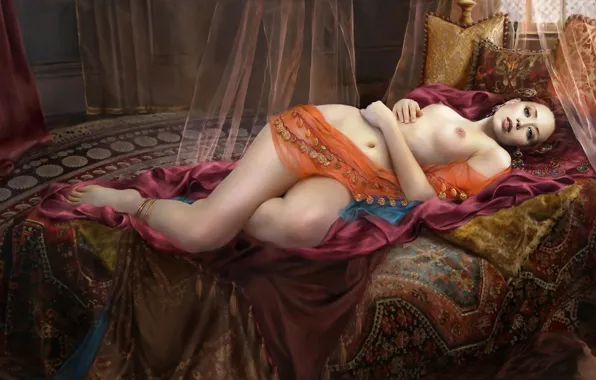 Decoration, Girl, bed, carpets, naked