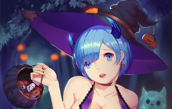 Girl, holiday, hat, anime, art, Halloween, Re: Zero kara hajime chip isek or Seikatsu, REM