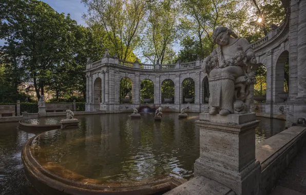 The sun, trees, Park, Germany, fountain, sculpture, Berlin, Fairy fountain