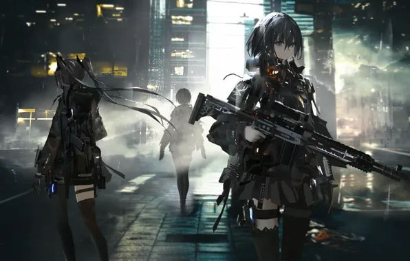 Night, city, the city, lights, lights, weapons, girls, street