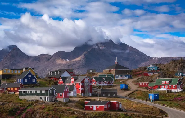 Clouds, mountains, home, the village, Greenland