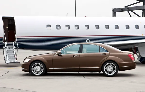 Car, machine, Mercedes, plane, S-class, car and plane