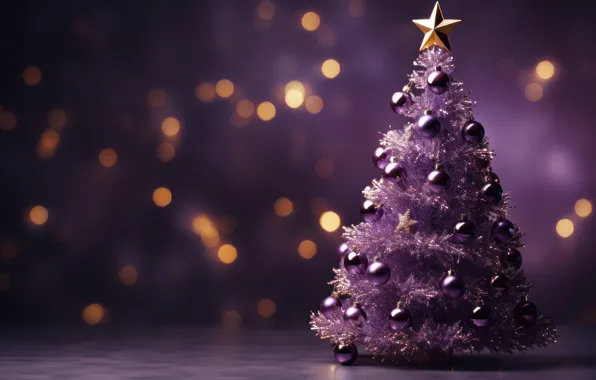 Balls, lights, the dark background, star, Shine, Christmas, purple, New year