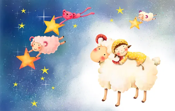 Stars, night, background, Wallpaper, sleep, baby, sheep