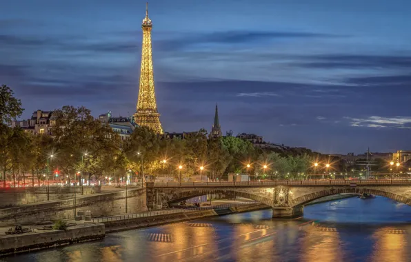 Bridge, river, France, Paris, Eiffel tower, Paris, night city, promenade