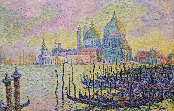 Picture boat, picture, Cathedral, gondola, Paul Signac, pointillism, The Grand Canal. Venice