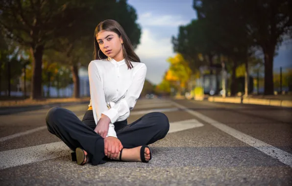 Look, pose, street, blouse, sitting, Nina, pants, bokeh