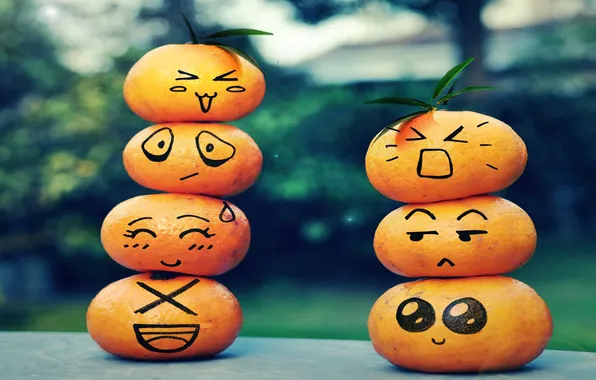Table, fruit, faces, leaves, bokeh, emoticons