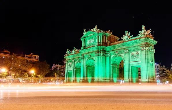 Picture night, lights, Spain, Madrid, Independence square, Puerta de alcalá