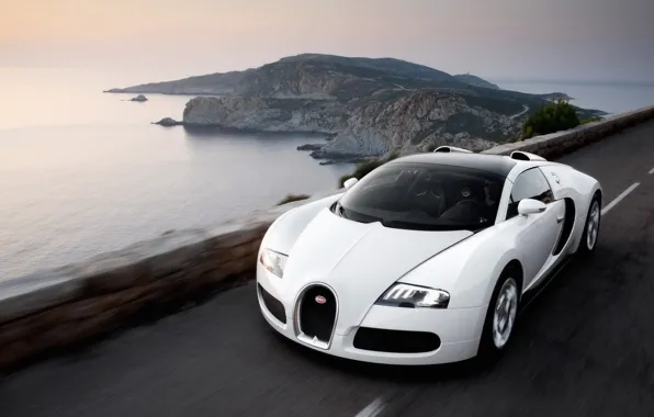 Road, sea, white, Bugatti, Veyron